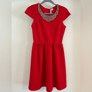 Alya Women’s Red Dress With Silver Beaded Neckline